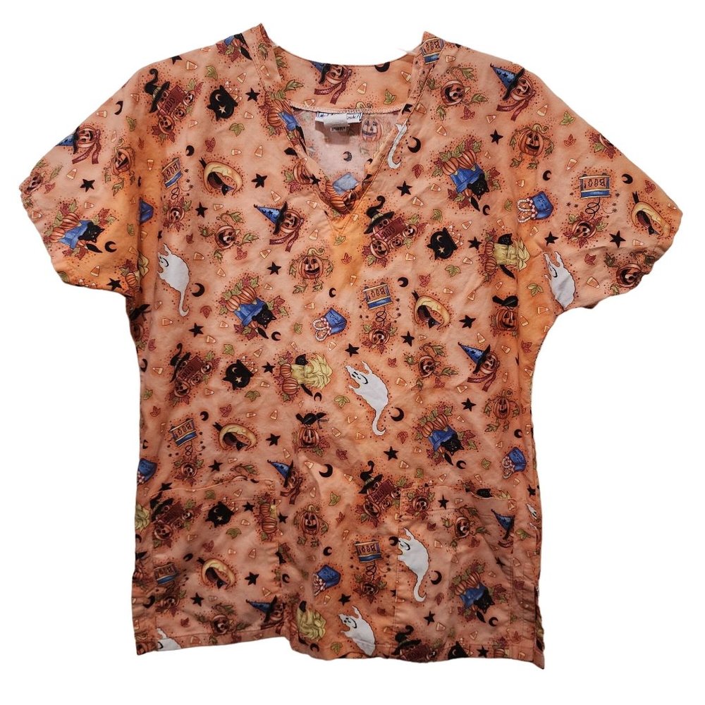 Halloween Scrub Top XS Mad About Scrubs Orange Nurses Vet Medical Uniform Top